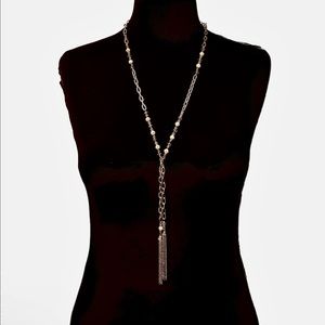 Crystal and pearl long silver y shaped chain necklace with two chain tassels